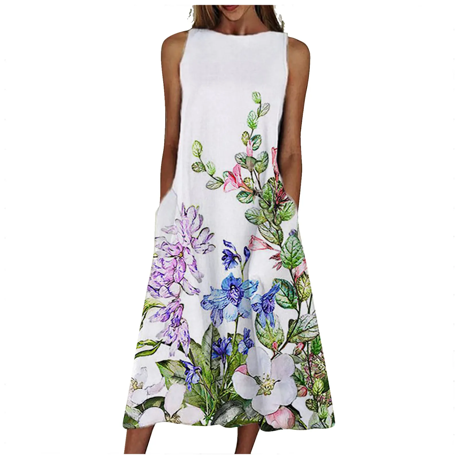 

Women Floral Print Sleeveless Beach Long Dress With Pockets 2021 Women's Dresses Summer Vintage O-neck Dress Vestidos De Senhora