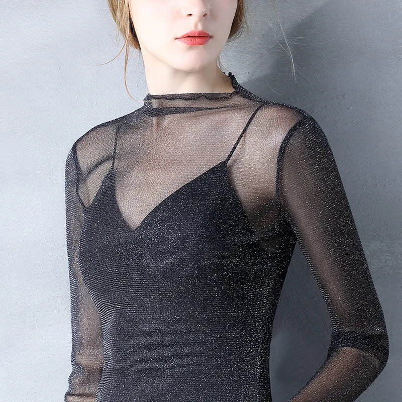 

Autumn new large size top women's bright silk sexy long sleeve blouse with mesh backing