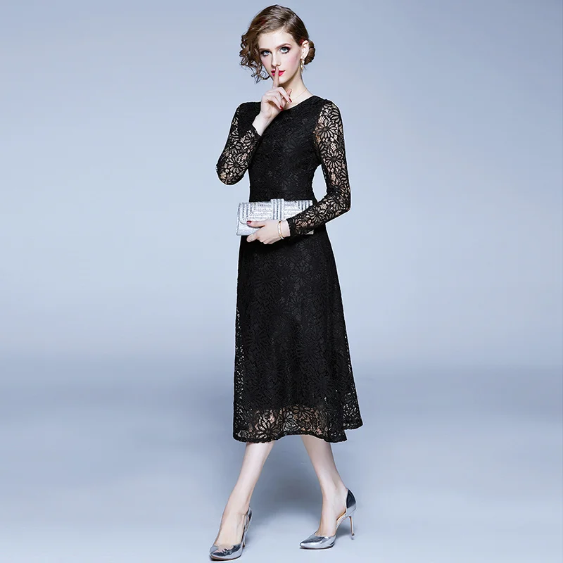 Винтажное Черное Кружевное Платье миди DROWYD повседневное модное женское платье в