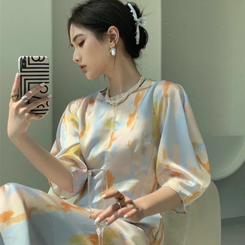 

Women's Silk Dress French Vintage Oil Painting Print Puff Sleeve Dress 2021 Summer New Elegant Palace Style Holiday Party Dress