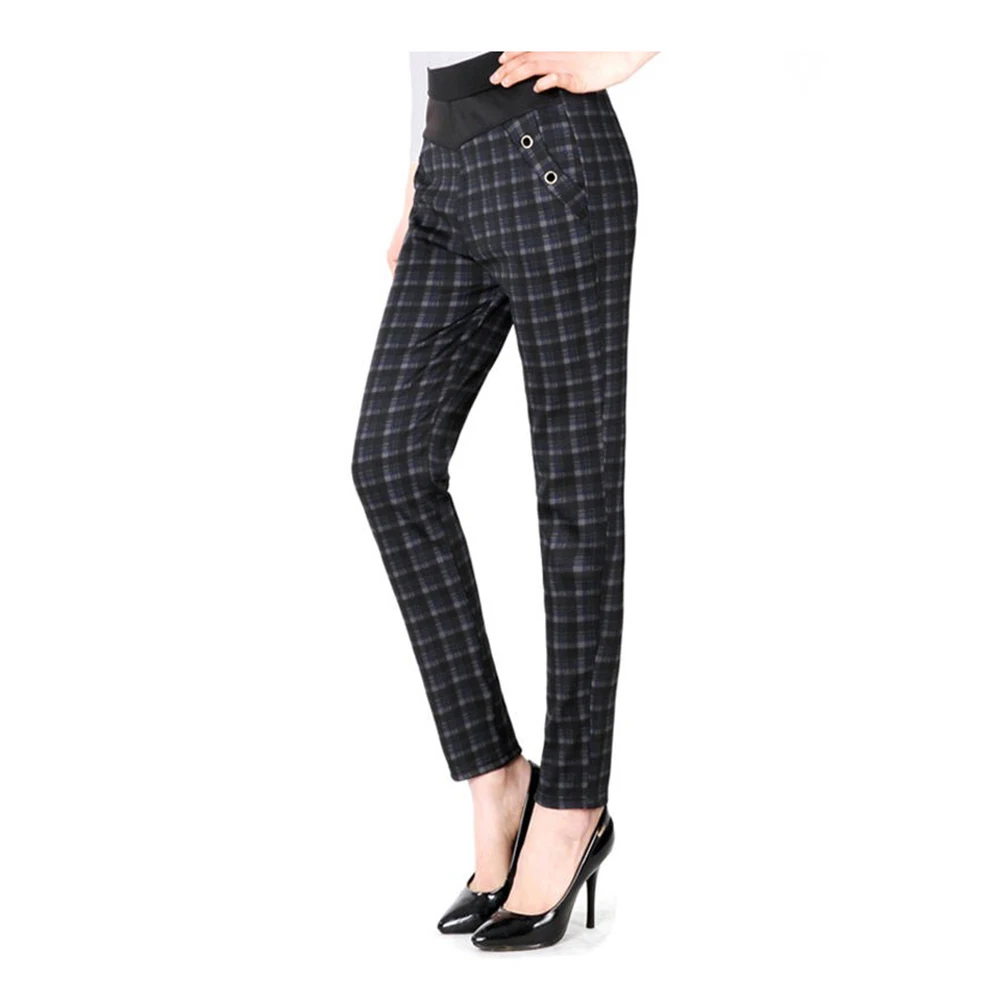 Blue Plaid Зимние женские флисовые прямые брюки с подкладкой Модные клетчатые эластичные брюки с высокой талией для мамы длинные модные бархатные брюки - Цвет: Blue Plaid