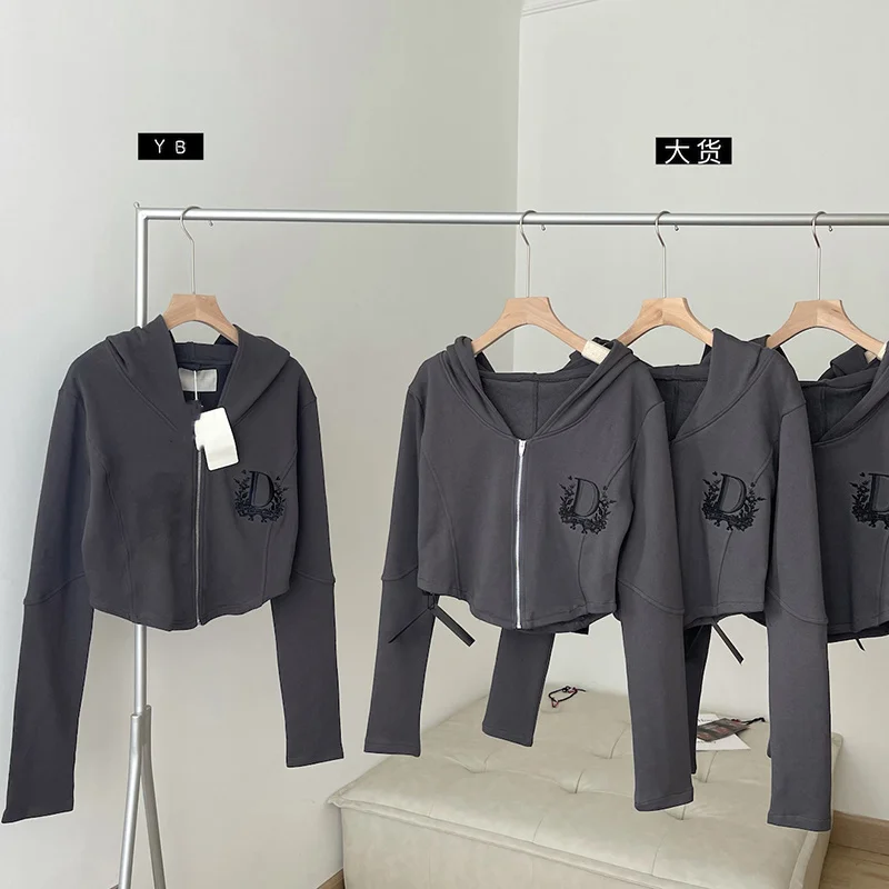 

Women's Short Cardigan Coat Autumn Chic Hooded Dark Gray Hooded Zipper Top with Irregular Design