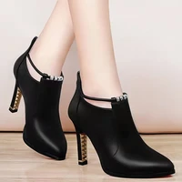 2022 new winter boots womens light round toe black womens boots stiletto zipper ankle boots pu leather zapatos de mujer
