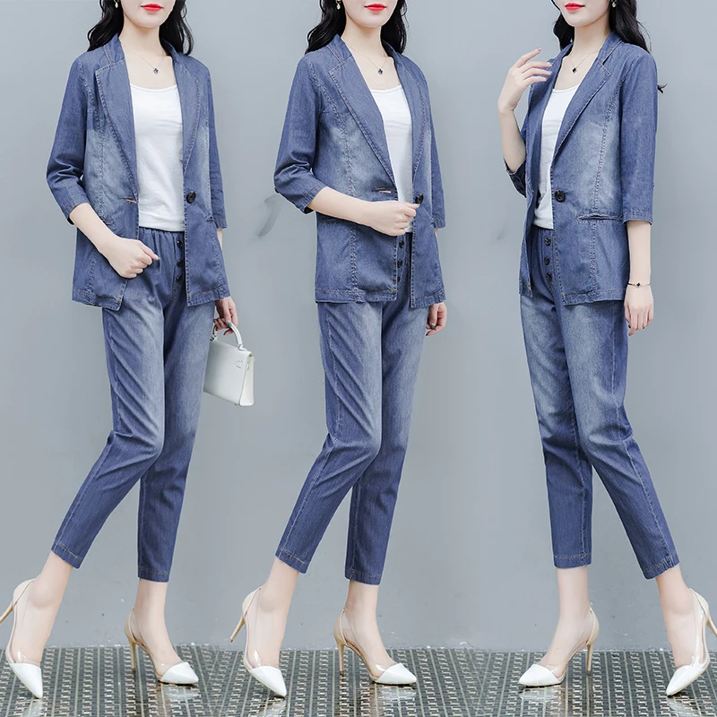 2019 осенние женские модные джинсы большого размера Блейзер Куртка + карандаш