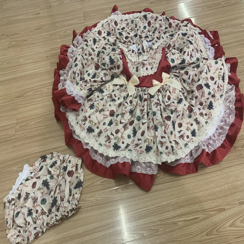 

baby girl Spanish lolita princess Dress Autumn Winter plus velvet Bow Kids Long Sleeve Ball Gowns printed dress