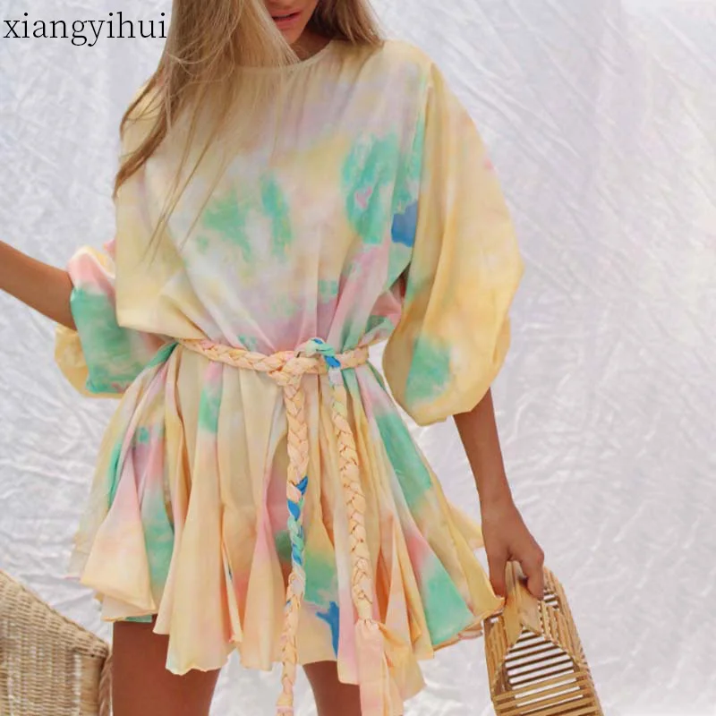 

Fashion Vintage Tie Dye Sashes Dress Women Mini Print Pleated Spring 2020 Womens High Waist Short Dresses Lantern Sleeve Vestido