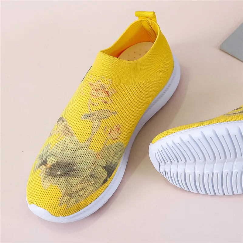 

Women's Lazy Shoes Fashion Casual Mesh Printed Breathable Slip On Soft Sneakers Loafers Knitted Sports Casual Sock Shoes