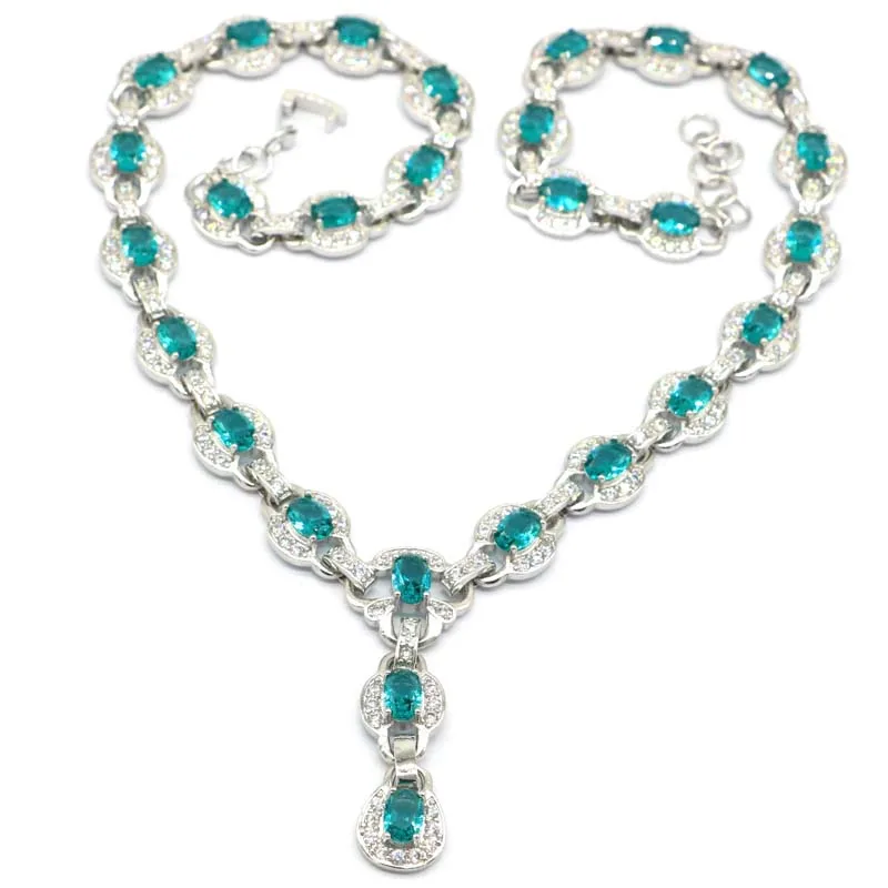 

46x11mm Pretty Created 45.4g Rich Blue Aquamarine Bright Zircon For Ladies Silver Necklace 16.5-18.5inch