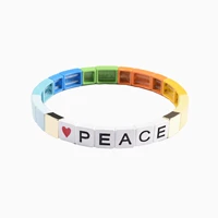 peace letterbeads enamel tile bracelet rainbow metal colorblock stackable wristband square strentch bracelet for women men