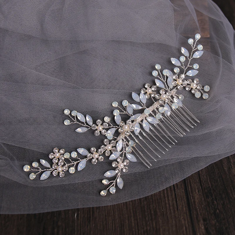

Floralbride Handmade Alloy Opal Rhinestones Crystal Flower Leaf Pearls Bridal Hair Comb Wedding Hair Accessories Women Jewelry
