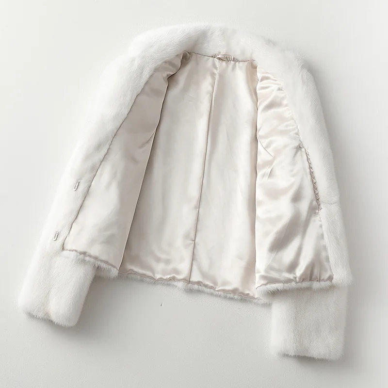 High Quality White Whole Mink Fur Coat Casual Female  Windproof Jacket Slim Solid Color Silk Liner Outwear Winter Yellow Wear