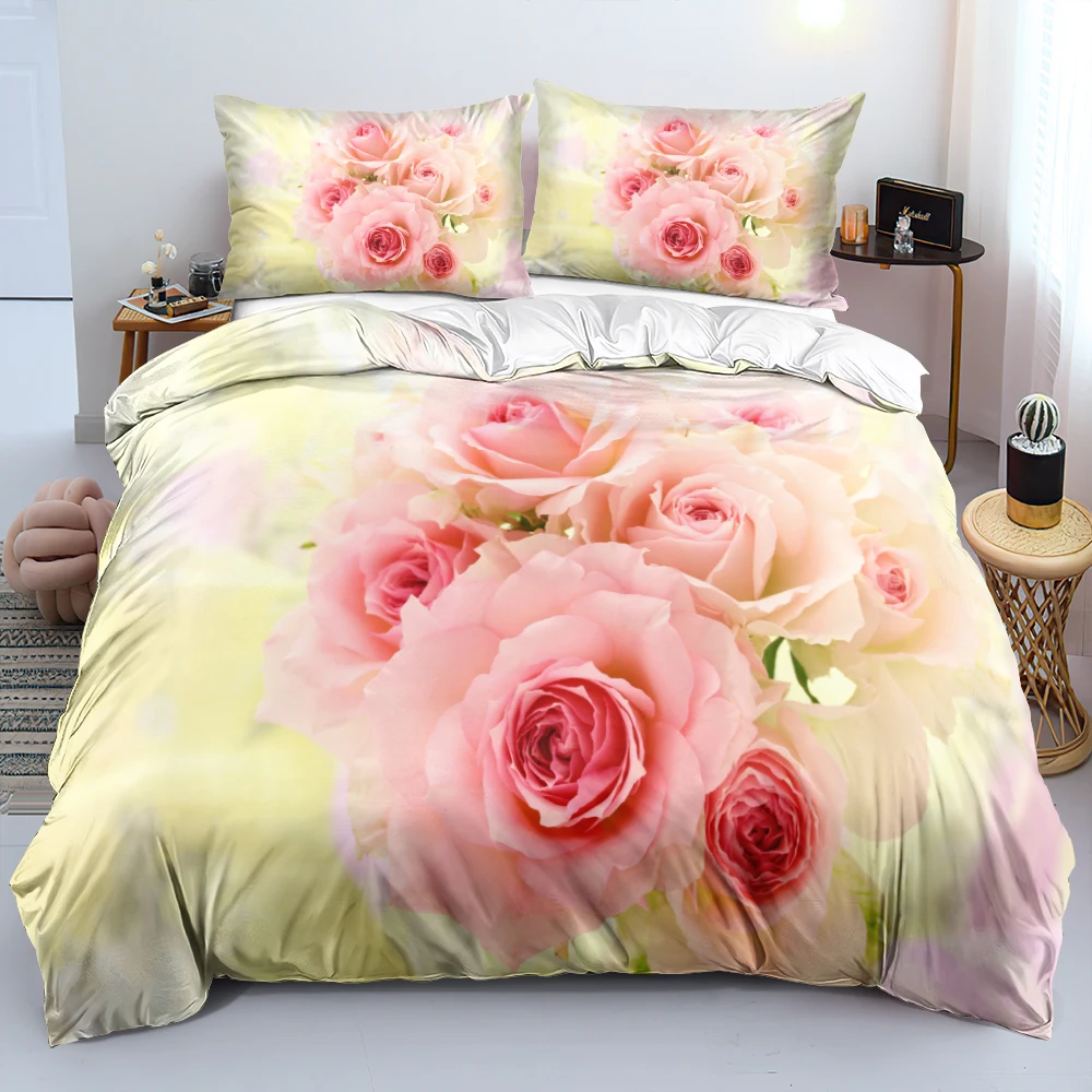 

HD Pink Roses Duvet Cover Set Cream Modern Blanket/Quilt Cover Set Twin Queen King Size 140x210cm Linens Bed for Girls Adults