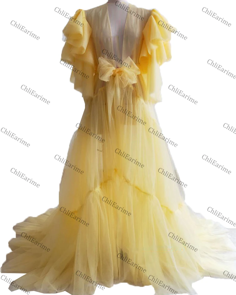 Yellow maternity robe lotus leaf sleeve fairy mesh see-through sexy dress