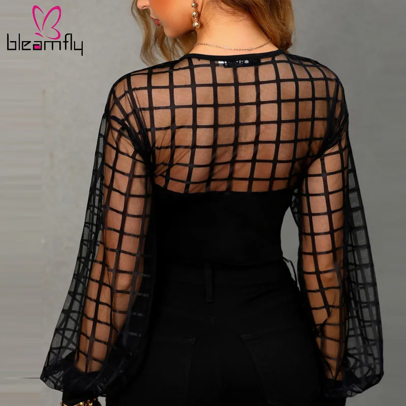 2019 Женская Повседневная блуза из прозрачной сетки рубашка женские топы с длинным