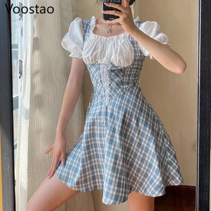 

Victorian Vintage Sweet Lolita Plaid Dress Women Chic Square Collar Puff Sleeve Lace Ruffles Mini Dress Girl Bandage Party Dress