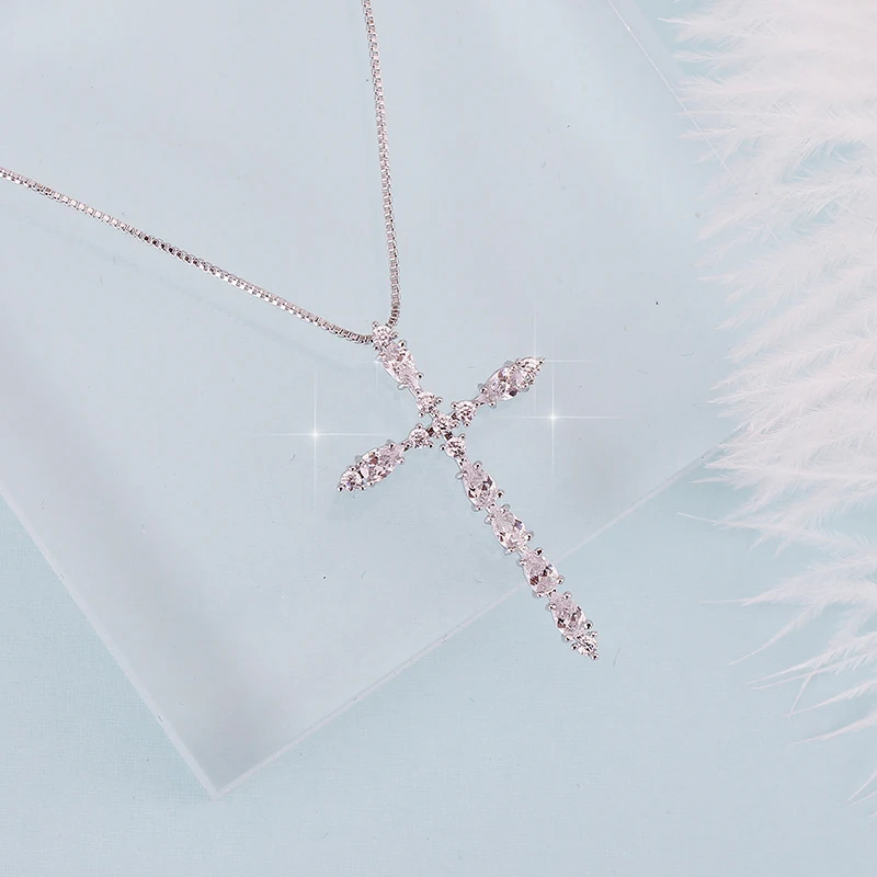 Очень девушка классический Серебряный крест кулон ожерелье AAA кубический циркон