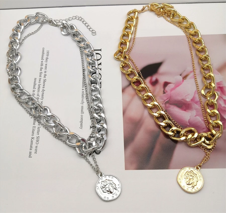 Футболки в стиле хип хоп с двойным Слои королева монета Голова короткая цепочка