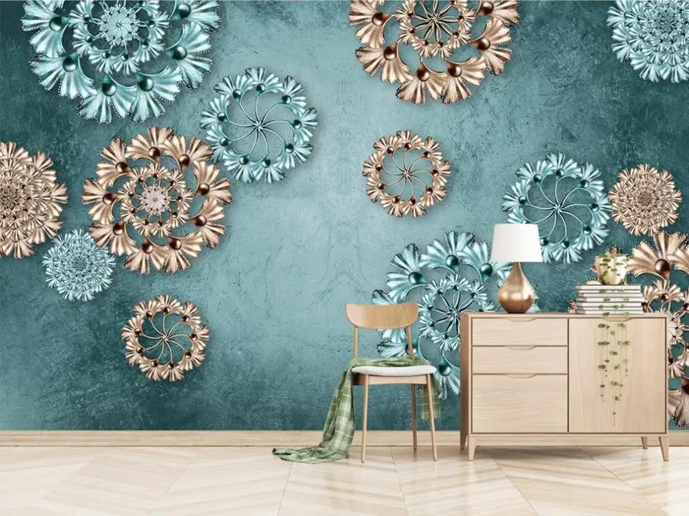 Пользовательские обои росписи синий ретро 3d трехмерный рельеф Европейский Узор