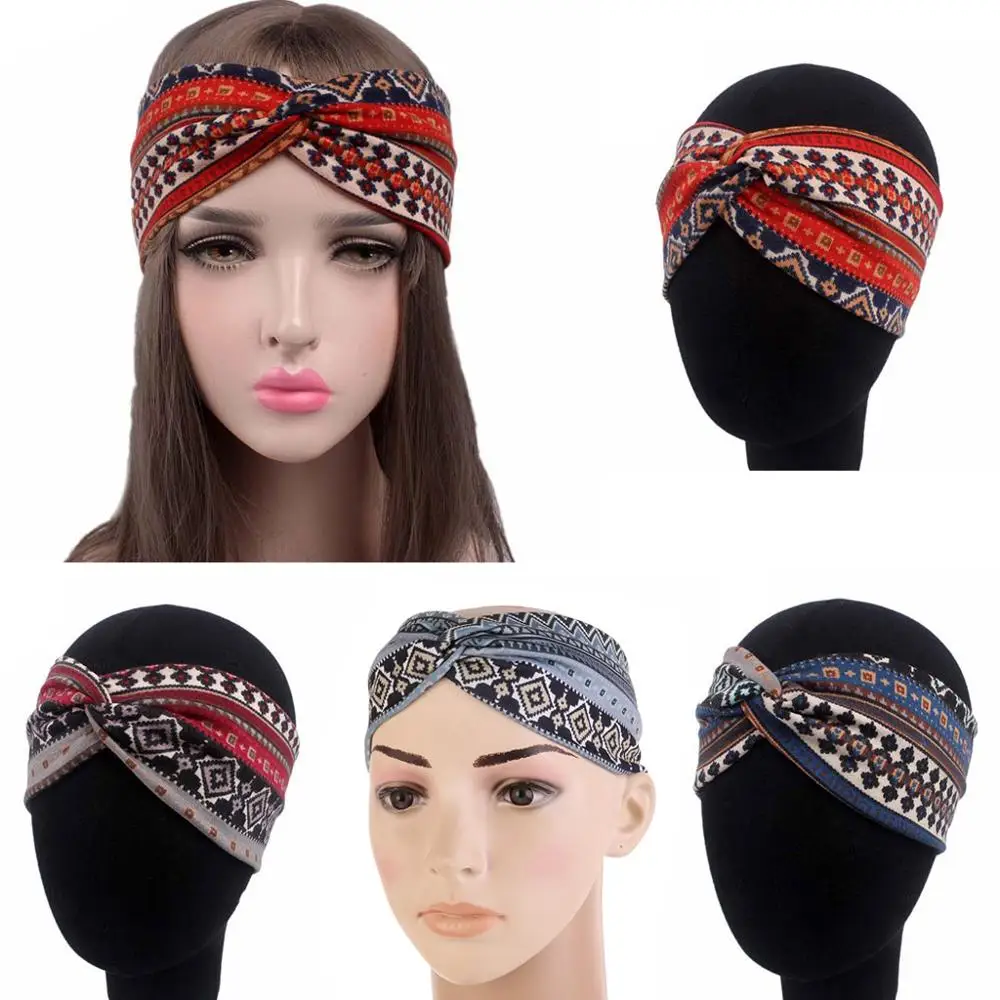 

Women Ethnic Printed Cross Wide Headband Twisted Turban Elastic Hairband Beauty
