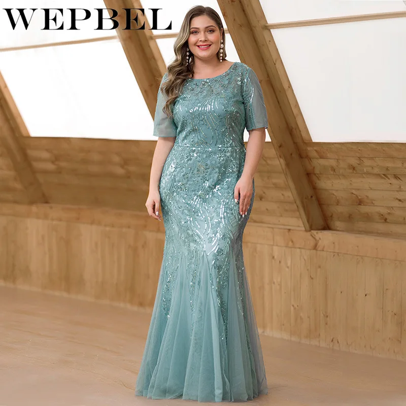 

WEPBEL Plus Size Short Sleeves Sequined Robe De Soiree Homecoming Cocktail Evening Party Dresses Women Formal Dress