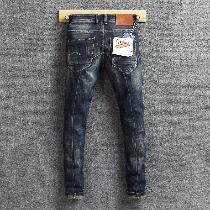 

Italian Fashion Men Jeans Retro Dark Blue Elastic Slim Ripped Jeans For Men Streetwear Spliced Designer Hip Hop Denim Punk Pants