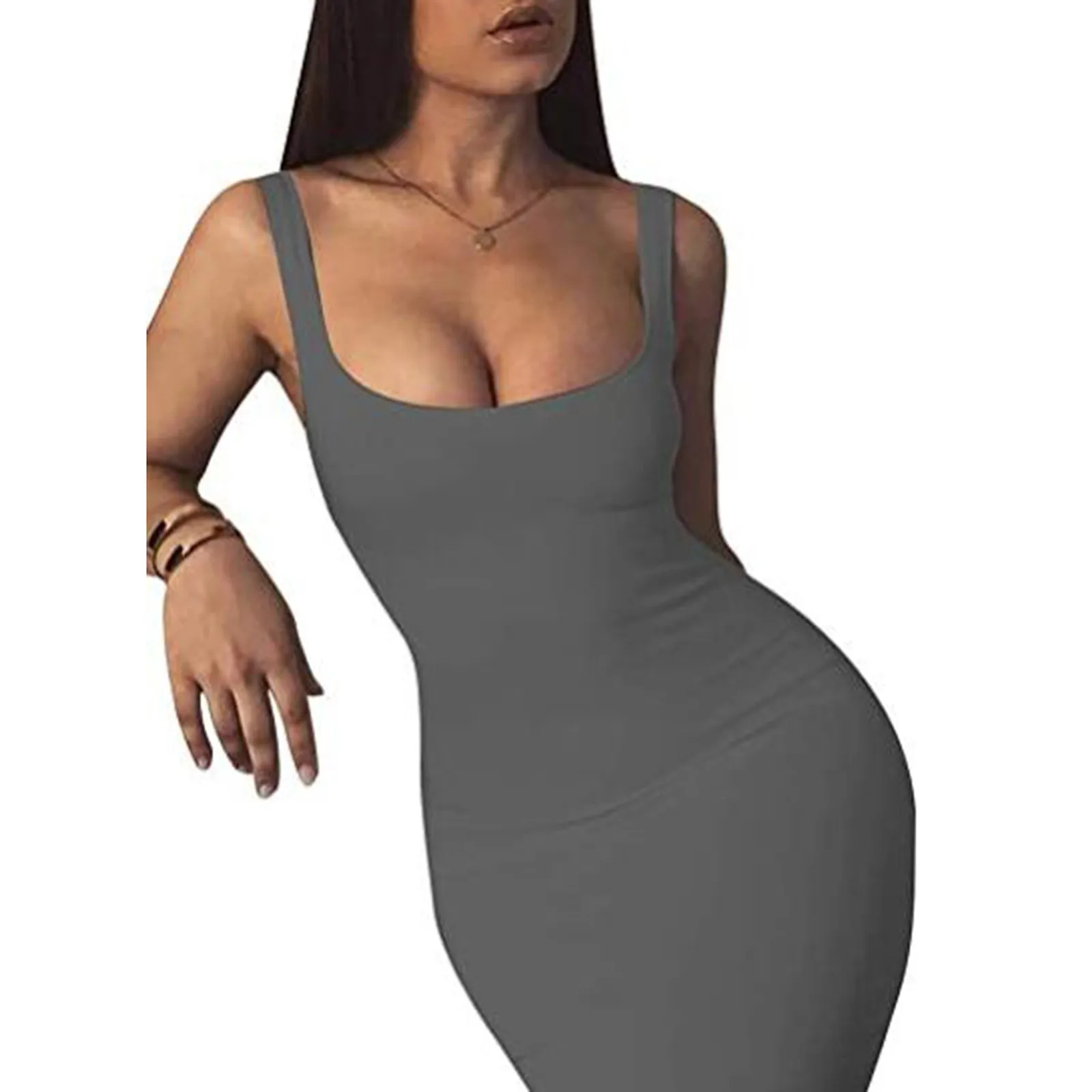 

40# Women Club Tank Dress Sleeveless Sheath Basic Party Knee Length Dress Vintage Sexy Solid Color Low Cut Dress Women Vestidos