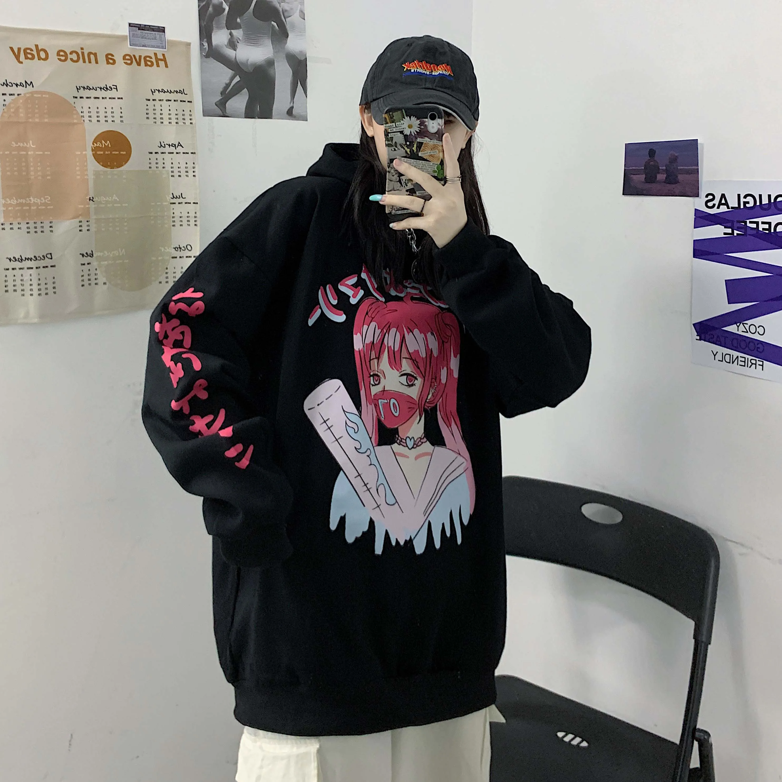 

Japanese Cartoon Anime Printted Oversized Sweatshirt With Hooded Women Fashion Harajuku Cute Long Sleeve Pullover Autumn New Y2K