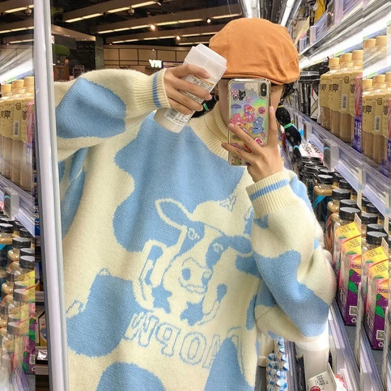 

JCHB Milk Cow Print Women Turtleneck Sweaters and Pullovers Winter Knitted Warm Loose Jumpers Lolita Cute Harajuku Ladies Tops t