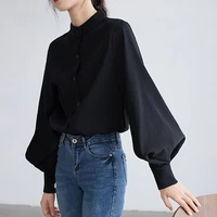 big lantern sleeve blouse women autumn winter casual single breasted stand collar shirts office lady solid vintage blouses shirt