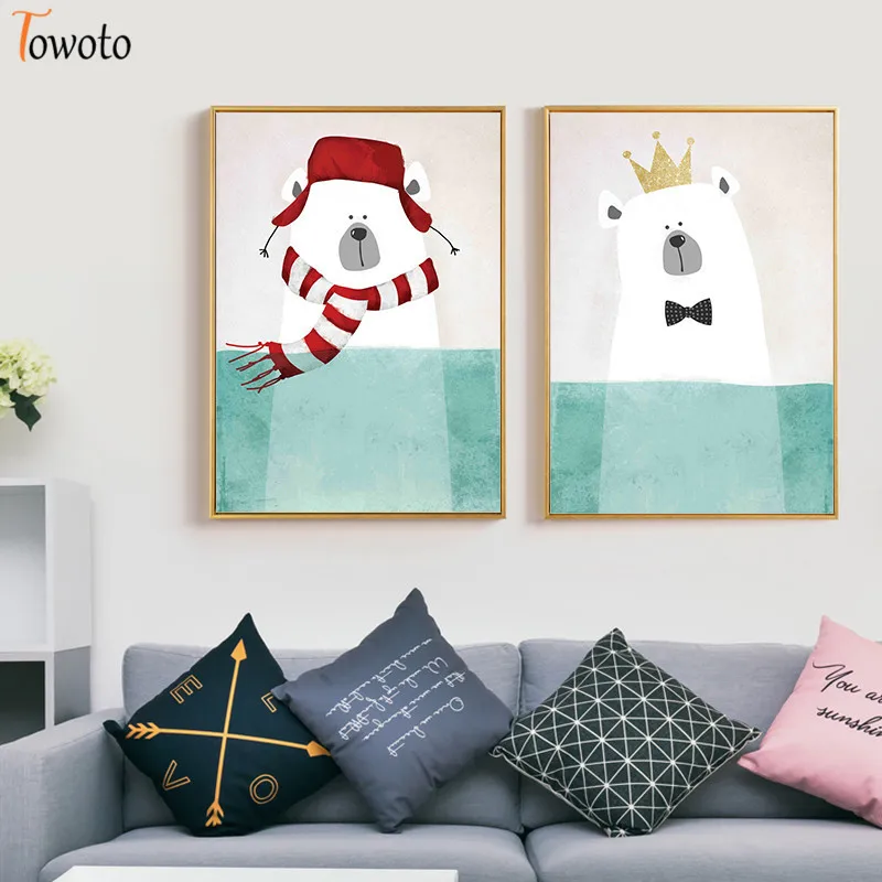 Cute Beer Print Kids Poster Cartoon Canvas Painting Nursery Mint Green Wall Art Children Room Decoration Picture Decor |