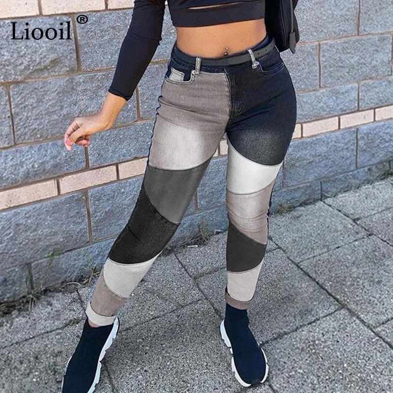 

90s Color Block Boyfriend Skinny Jeans For Women Streetwear Black Blue Contrast Stitch High Waisted Pencil Pants Denim Trousers