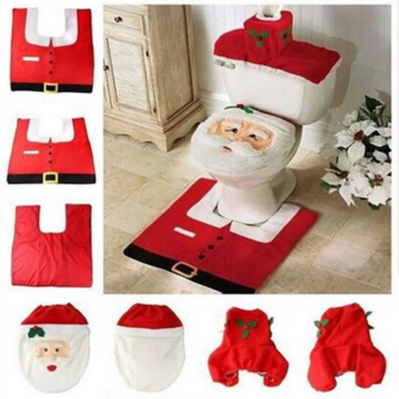 

Hot 1Lot Fancy Santa Toilet Seat and Rug Bathroom Set Contour Rug Christmas Decorations For Natal Navidad Decoracion