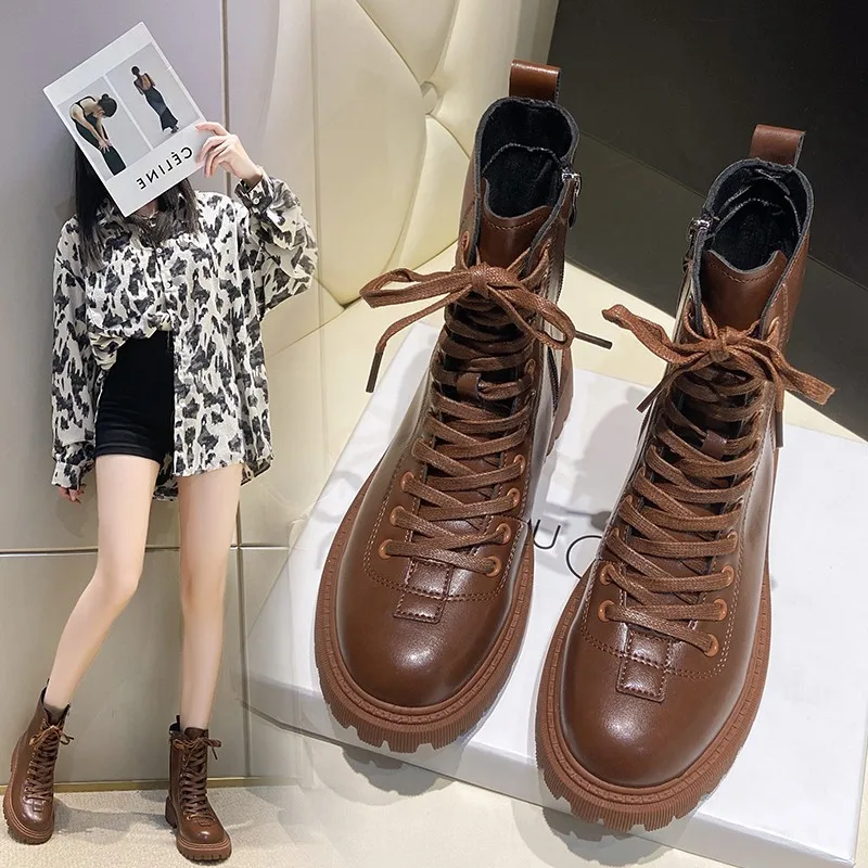 2021 new women's soft PU leather boots solid color short boots winter warm fur ankle boots thick plush mid-heel women's boots