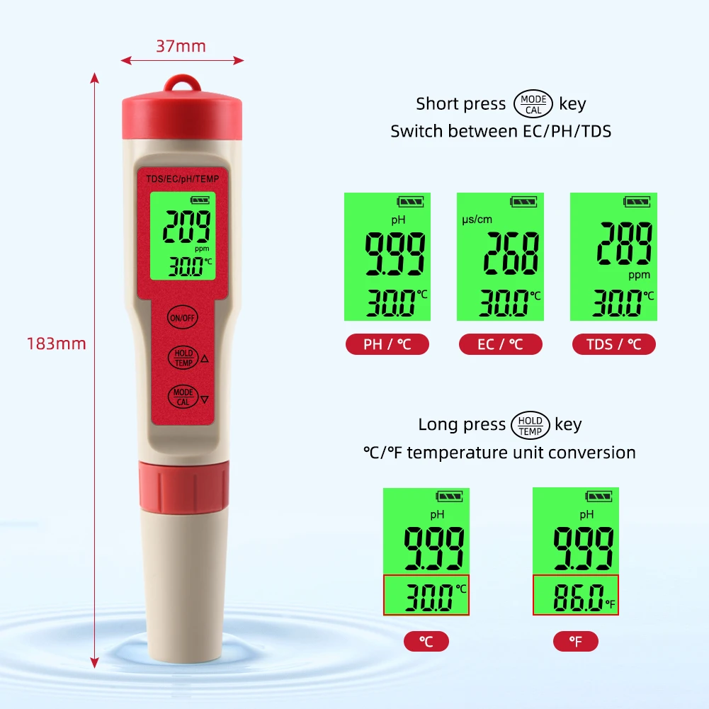 Измеритель кислотности 4 в 1 TDS EC цифровой тестер температуры и PH с ЖК дисплеем для