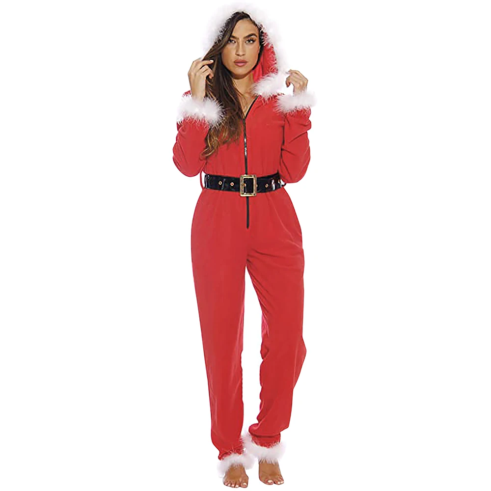 

New Autumn Winter Women Hooded Bodysuit Half Zip Up Fur Hem Hoodies Overalls with Belt Santa Claus Sleepwear Home Wear Jumpsuit