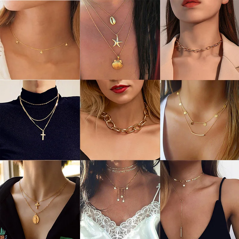 

Vintage Multilayer Choker Necklace Women Gold Color Beads Moon Star Collier Femme Chain Punk Pendant Necklaces Collar Jewelry