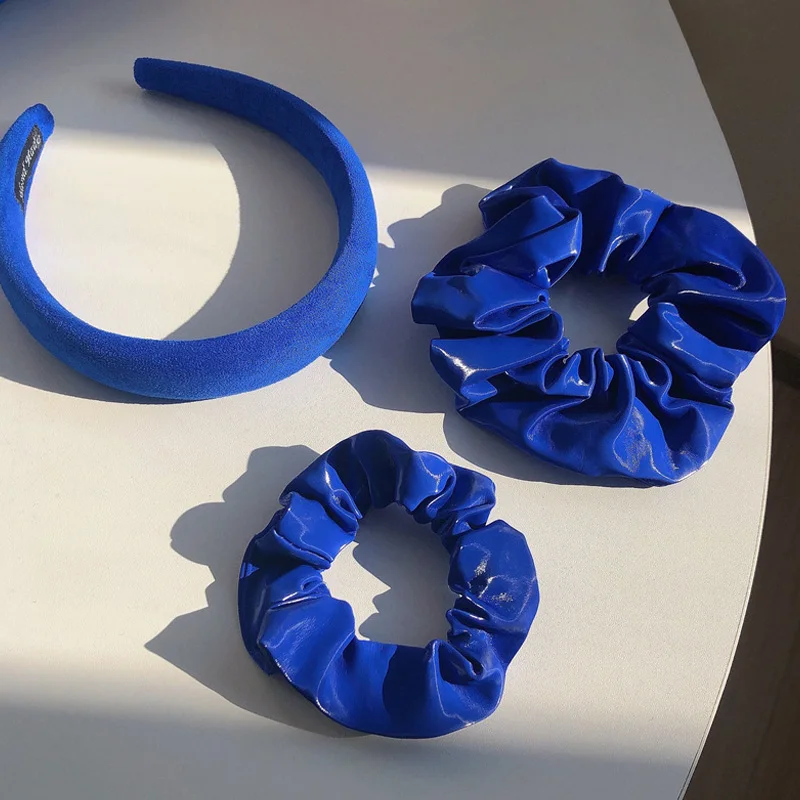 

Free Shipping Temperament Elegant Korean Pu Leather Scrunchie Women Girls Elastic Hair Rubber Bands Accessories Blue Hair Hoop