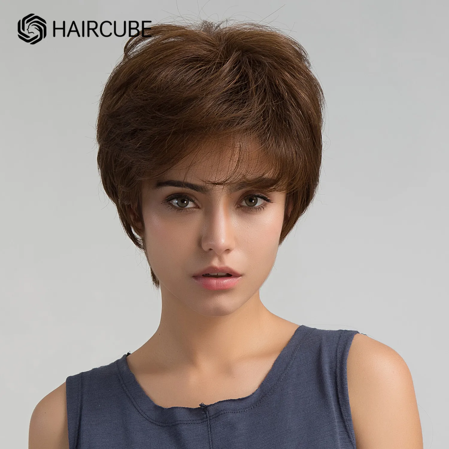 

HAIRCUBE медово-коричневые смешанные парики короткие 30% человеческие волосы парик для женщин волнистые волосы машинная работа термостойкие па...
