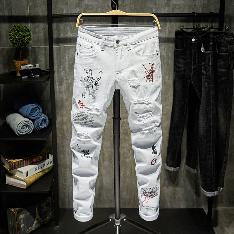 

Runway Zipper Destroyed Ripped Jeans Black White Jeans Fashion Denim Pants Trendy Embroidery Letters Men College Boys Skinny