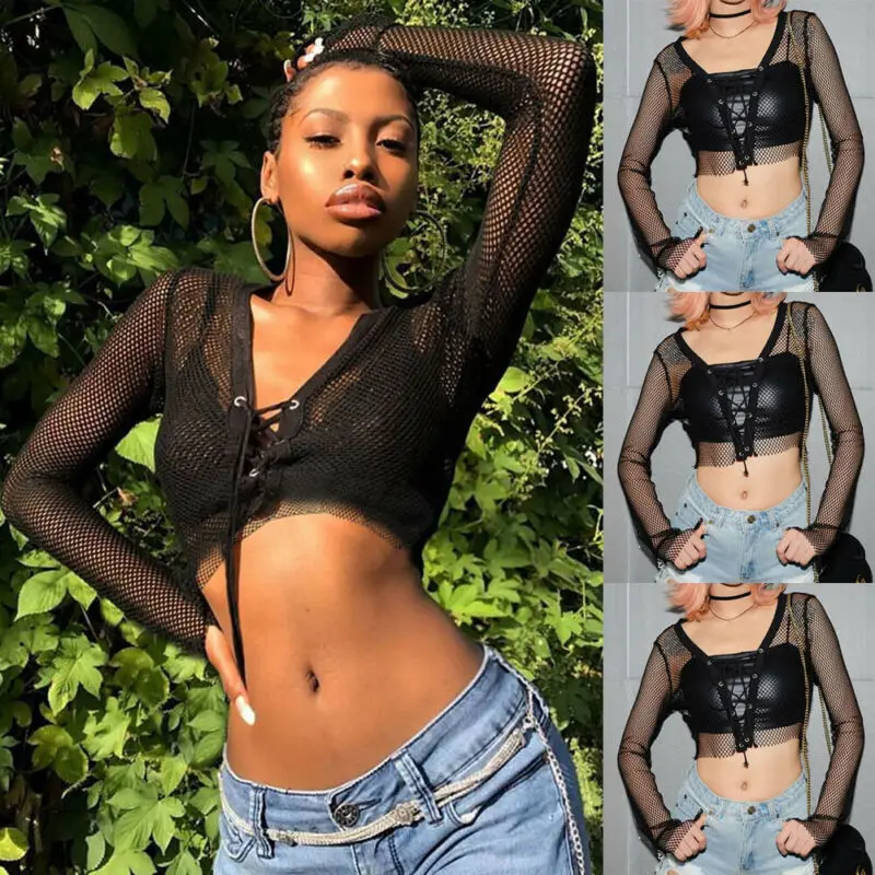 Женские сетчатые Топы с длинным рукавом прозрачные женские однотонные черные