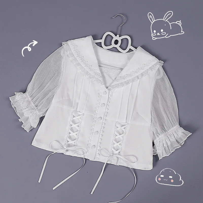 

Original Design Little White Rabbit Cute Women's Summer Bunny Ear Sailor Collar Short Sleeve Shirt Lolita Blouse
