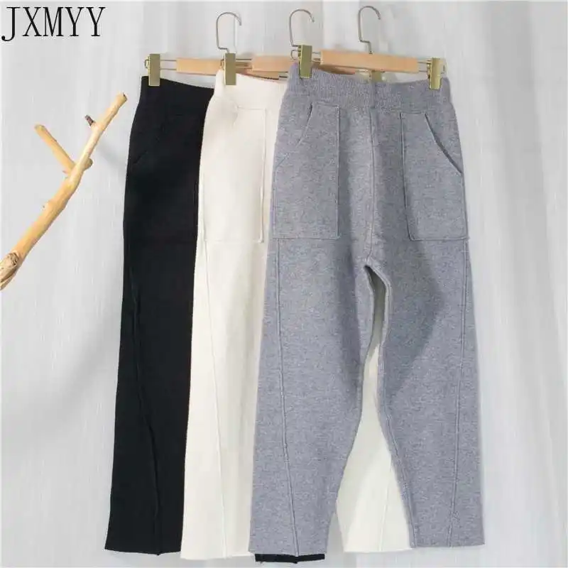

ICCLEK JXMYY New 2021 Autumn Winter Women Pants 3 Colors High Waist Wide Leg Pockets Ankle-Length Harem Warm Wild T