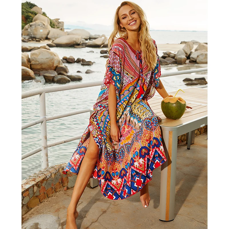 

2021 Quick-drying Bohemian Printed Loose Summer Beach Dress Moroccan Kaftan Women Plus Size Beachwear Tassel Midi Dress Q897