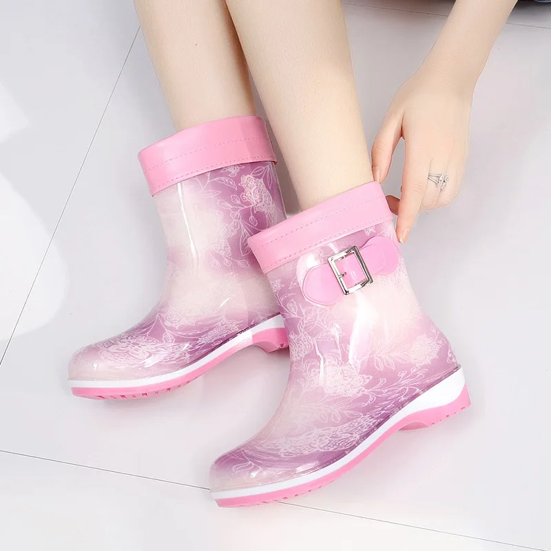 Fashion Winter Warm Fleece-Lined Rain Boots Women Middle Tube Non-Slip Jelly Rain Boots Ladies Shoe