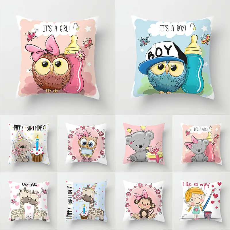 

Cartoon Owl Bear Fox Cushion Cover Happy Birthday Home Decor Pillow Case Living Room Seat Chair Cushion Pillowcase TP127