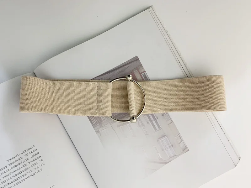 

Belts for Women Black Simple Waist Elastic Ladies Band Round Buckle Decoration Coat Sweater Fashion Dress Rice White