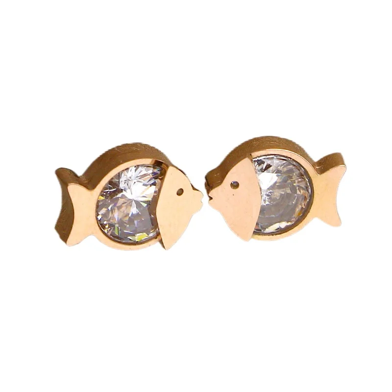 

Hot Sale Fish With Rhinestone CZ Yellow Gold Color / White Gold Color / Rose Gold Color Titanium Steel Stud Earrings