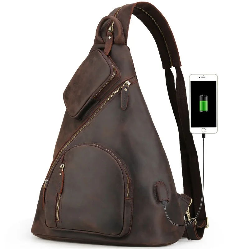 vender Novo Masculino Mochilas Grande Capacidade Saco De Peito Mochila De Carregamento Usb Retro Crazy Horse Couro Sling Saco Grande Tamanho Pacote Peito