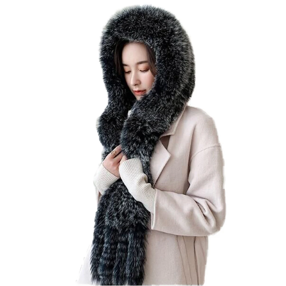 Fur Hats Scarf One Pieces Women Real Fox Fur Cap Winter Warm Neckerchief With Tassel Fluffy Soft 6Colors