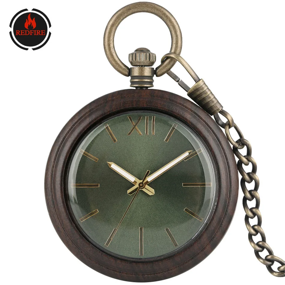

REDFIRE Retro Green Round Dial Quartz Ebony Wood Pocket Watch Luminous Hands Display Open Face Wooden Pendant Pocket Clock
